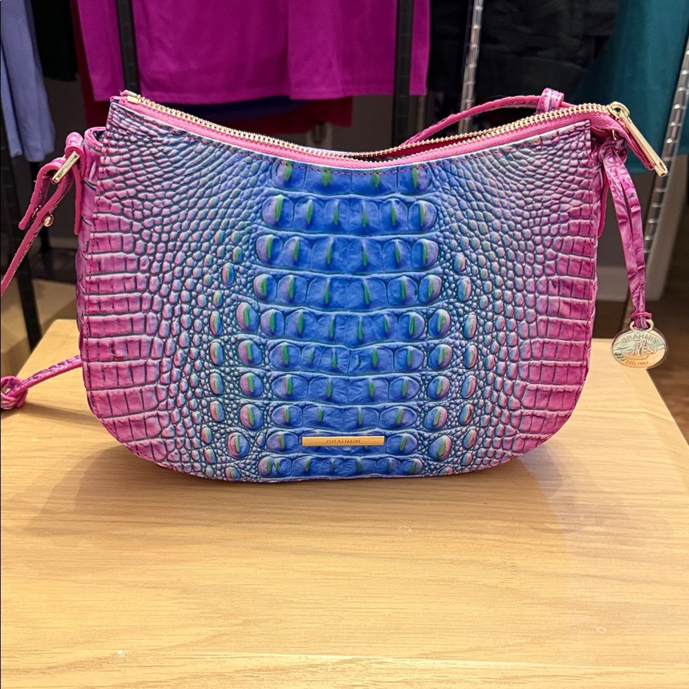 Brahmin Pink and Blue Crocodile Embossed Crossbody Bag